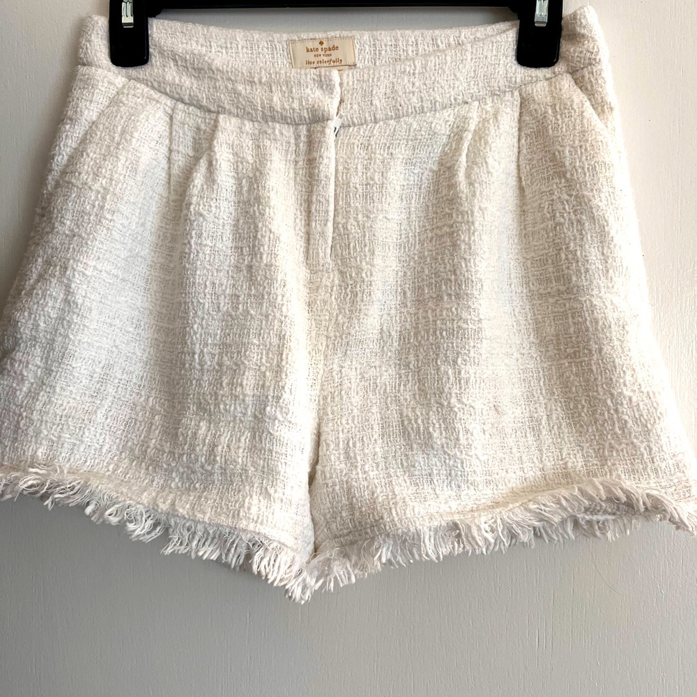 Kate Spade White Tweed Fringe Pleated High Waisted Boho Dress Shorts  Size 0